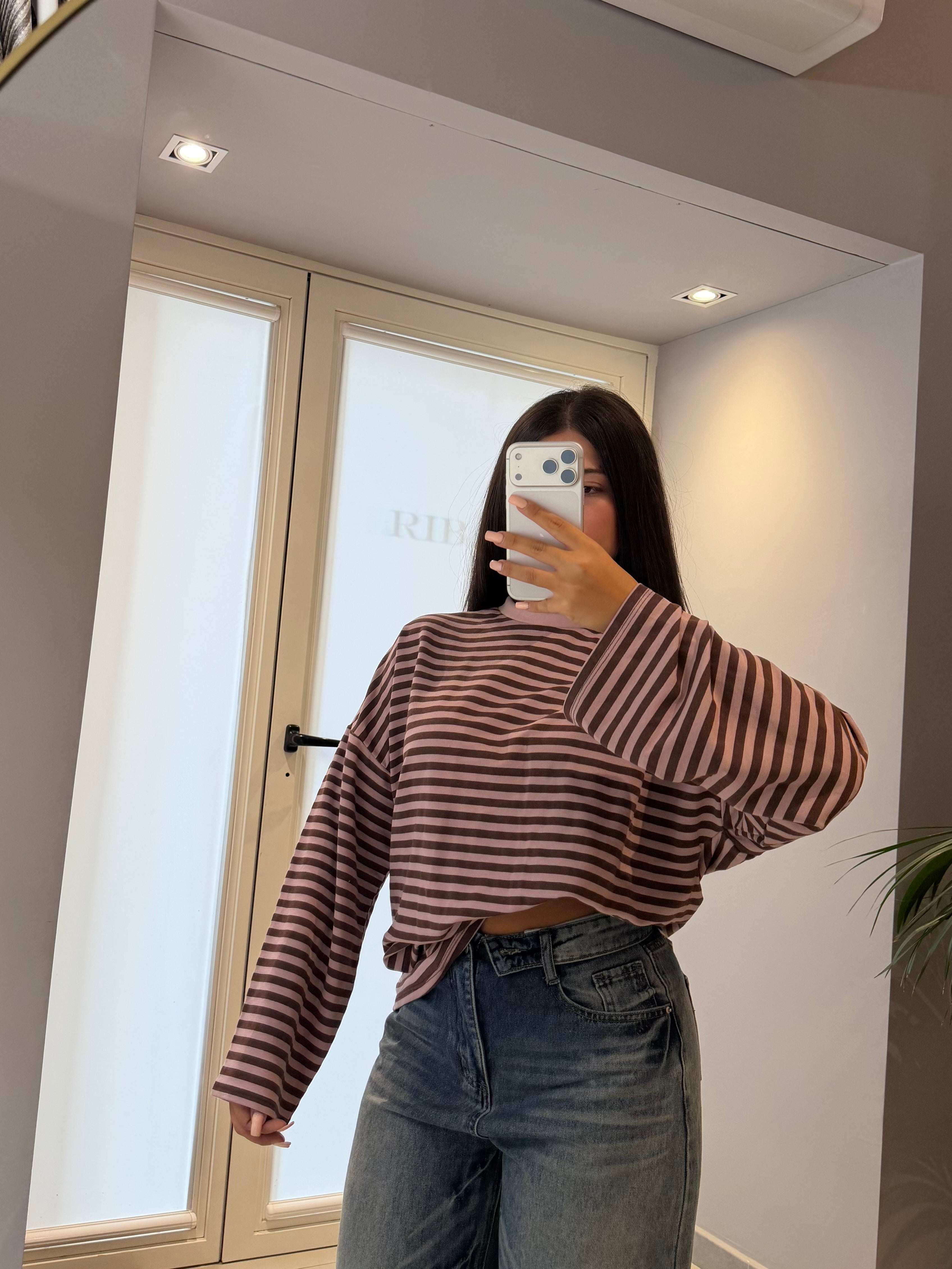 MAGLIA A RIGHE MARRONE/ROSA