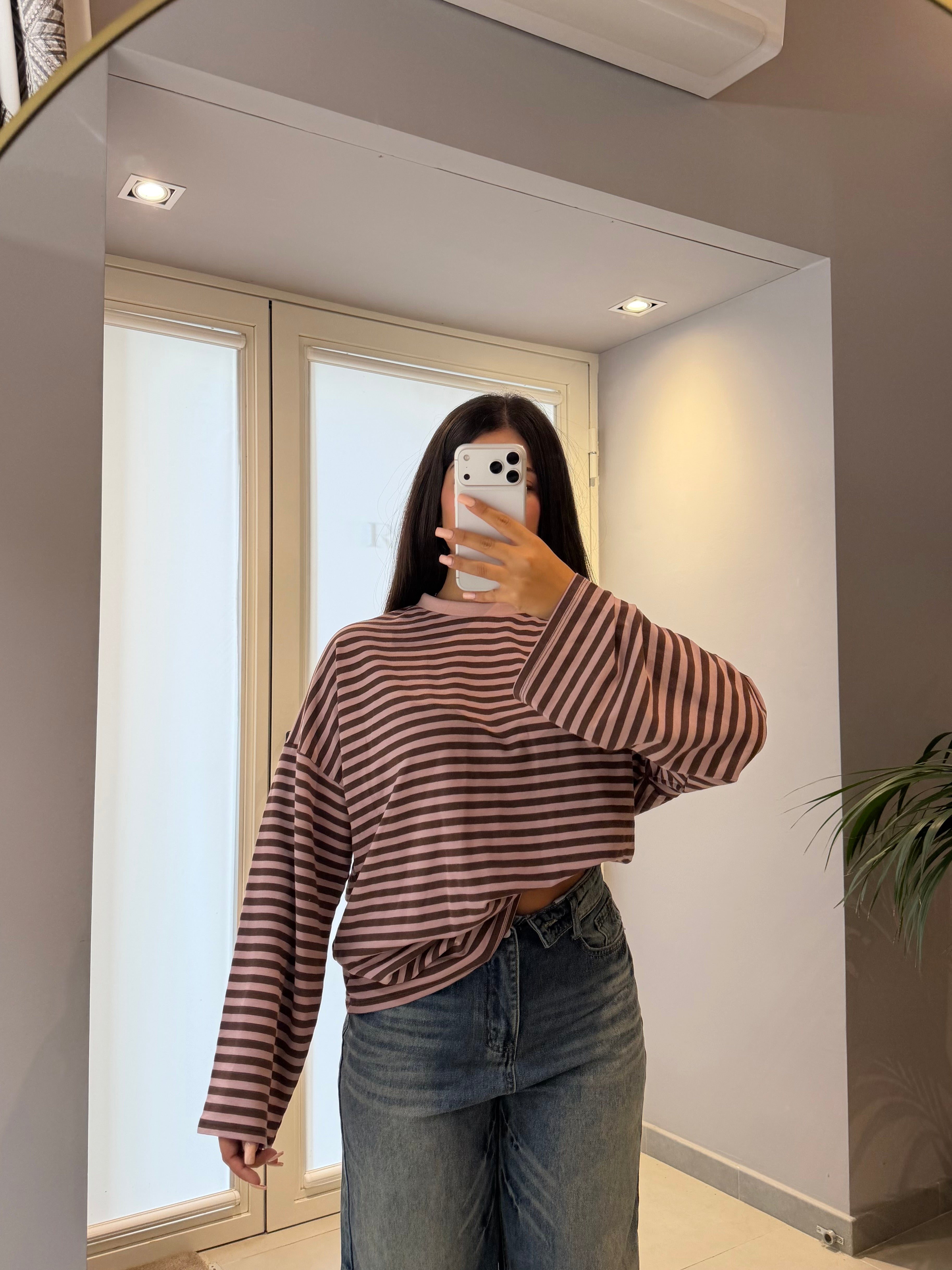 MAGLIA A RIGHE MARRONE/ROSA