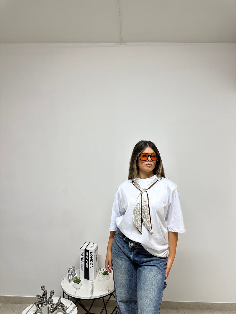 T-SHIRT FOULARD BIANCA/MARRONE