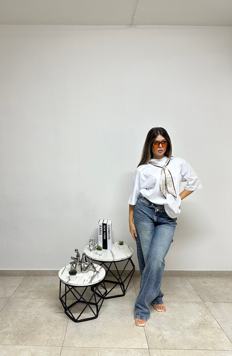 T-SHIRT FOULARD BIANCA/MARRONE